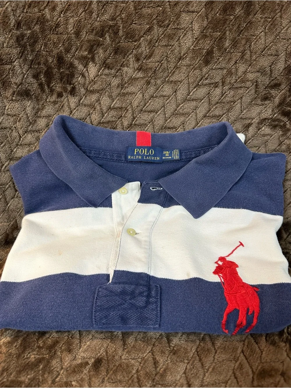 Ralph Lauren Navy and White Striped Rugby Style Polo with Red Pony US Flag